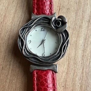 Sterling Silver ladies floral mother of pearl red leather watch NEW BATTERY